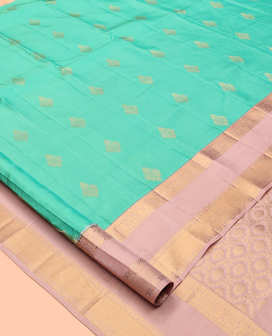 Turquoise Vasundhara Lite Silk Mix Saree, Woven with Zari Buttas, a Contrast Rettai Pettu Traditional Zari Border, Intricate Pallu, and a Contrast Blouse