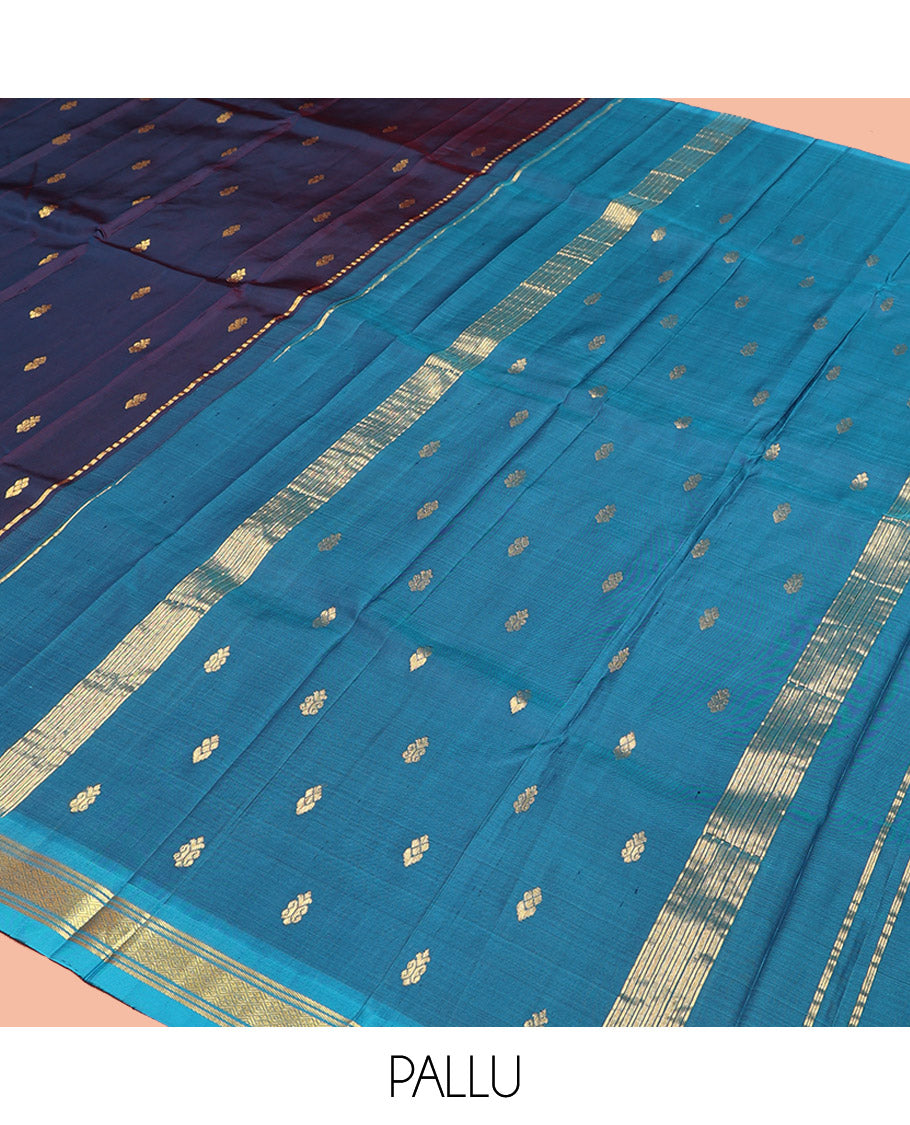 Navy Blue Kanchipuram Silk Saree, Detailed with Zari Buttas, Contrast Border of Banaras, and Jaal, Zari Design Pallu, and No Blouse