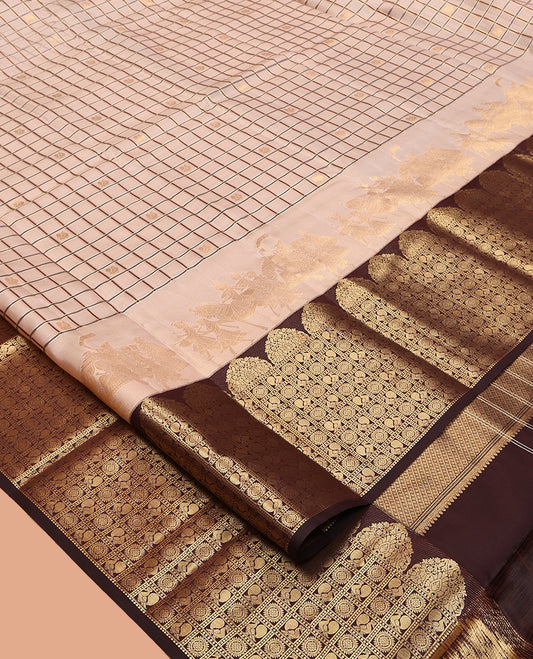 Sandal Vasundhara Lite-Silk Mix Saree Featuring Zari Butta Enclosed Checks, a Contrast Border of Annam-Chakram Enclosed Checks, Annam-Chakram Enclosed Pallu, and a Contrast Blouse