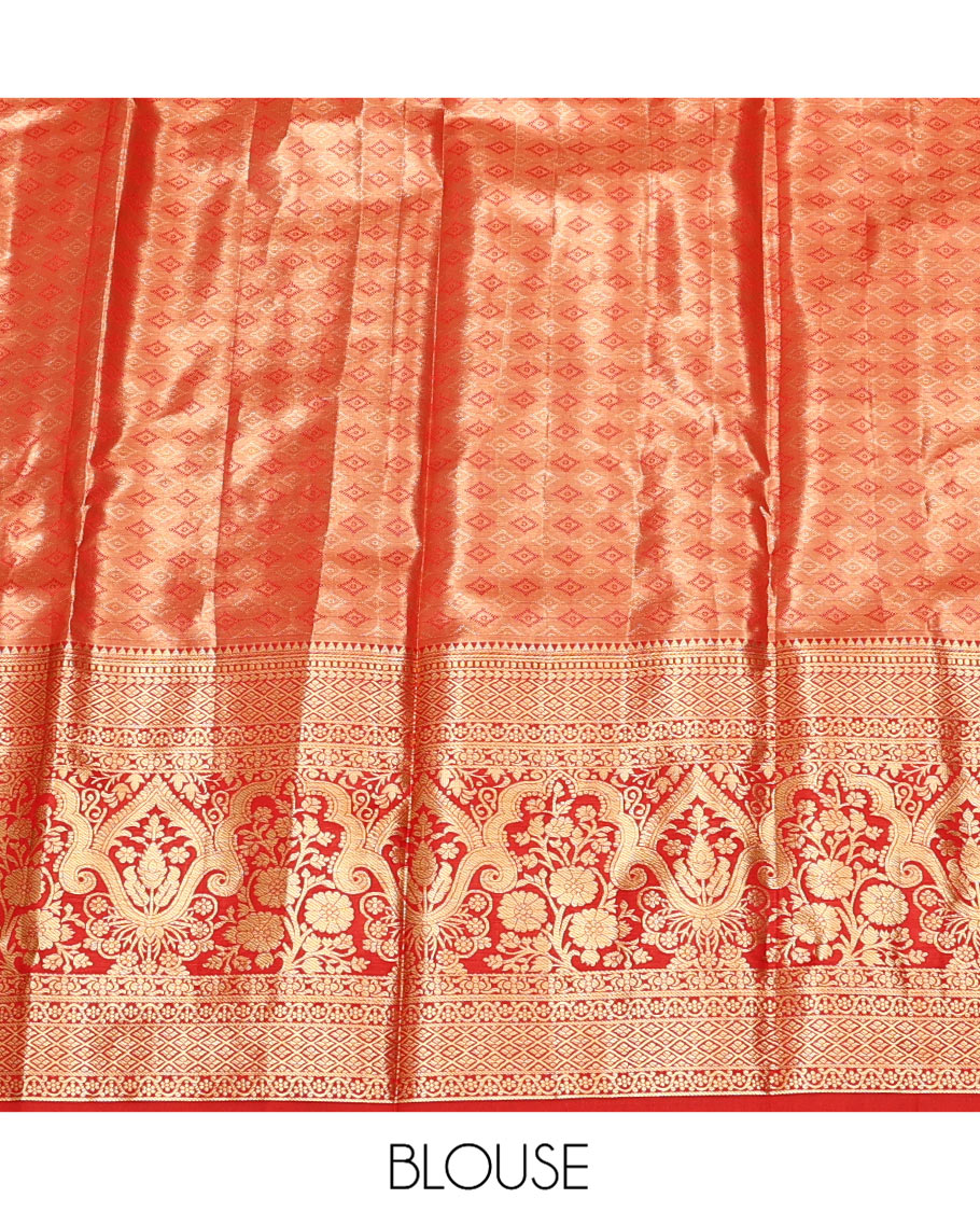 Pale Pink Art Silk Material Half Saree Set, Woven with Floral Jacquard Skirt, a Contrast Jacquard Border, Contrast Blouse, and an Intricate Dhavani