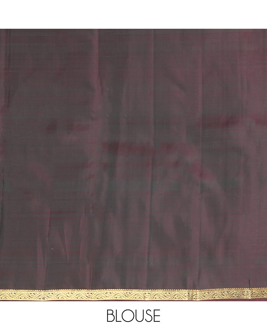 Brown Kanchipuram Silk Saree, Elevated with Zari Buttas All Over Its Body, Highlighted by Zari Piping Border, Grand Scallop Design Pallu, and Paired with a Matching Blouse