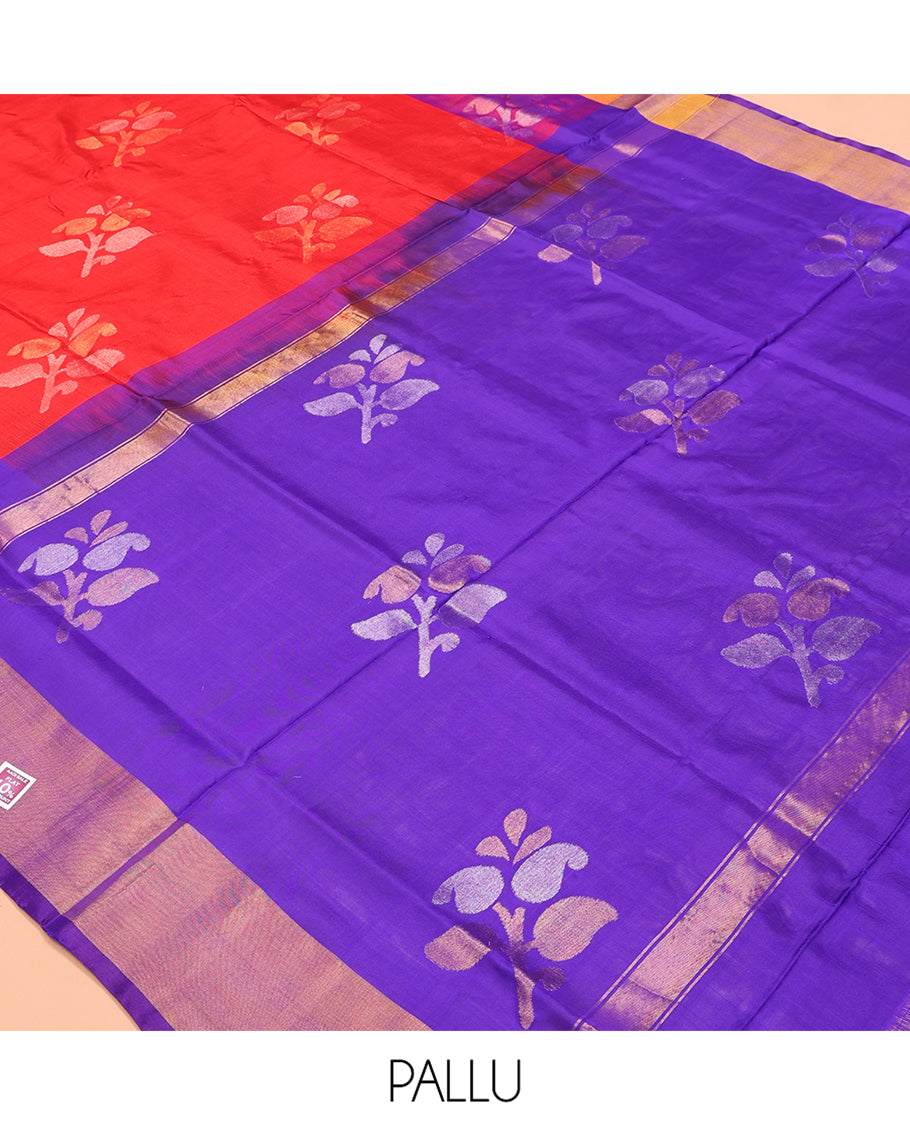 Red Uppada Silk Saree, Bedecked with Floral Zari Buttas, Complemented by Contrast Bavanji Border, Grand Pallu of Floral Buttas and a Contrast Blouse
