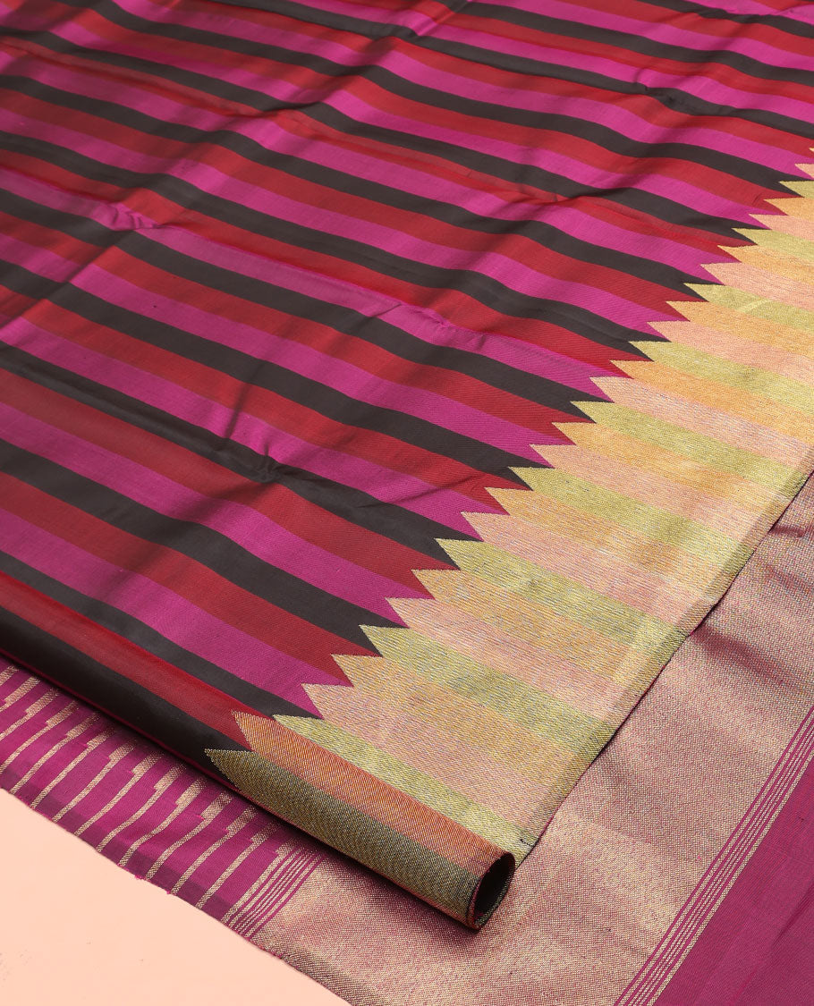Multi-color Striped Kanchipuram Designer Silk Saree, Subtly Sparkled With Temple Border, Pallu Features Seppu Rekku Designs, and Paired with a Contrast Blouse