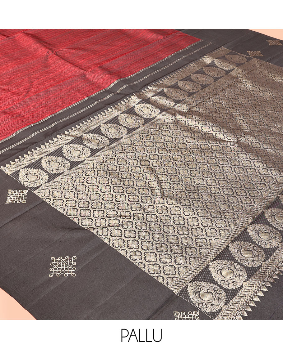 Red Embossed Kanchipuram Silk Saree, a Contrast Kolam Border, Grand Pallu, Contrast Blouse