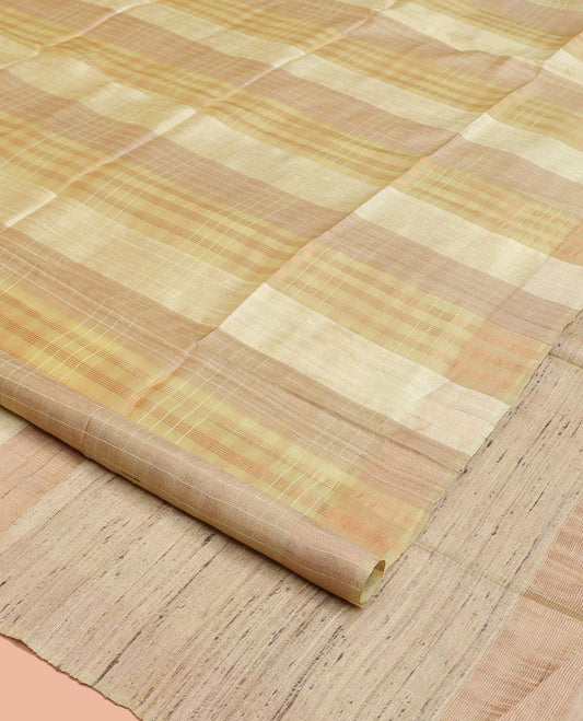 Borderless Yellow Tussar Silk Saree, Enthralled with Checked Design on Its Body, a Self-Heathered Pallu, and Paired with a Matching Blouse