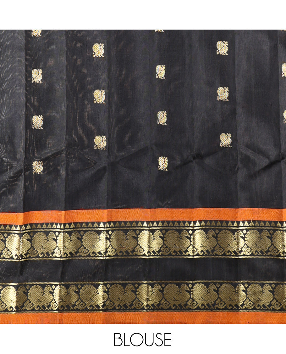 Orange Gadwal Silk Saree, Embellished with Peacock Buttas, Complemented by a Contrast Peacock Motifs Woven Temple Border, Grand Jaal Pallu, and a Contrast Blouse