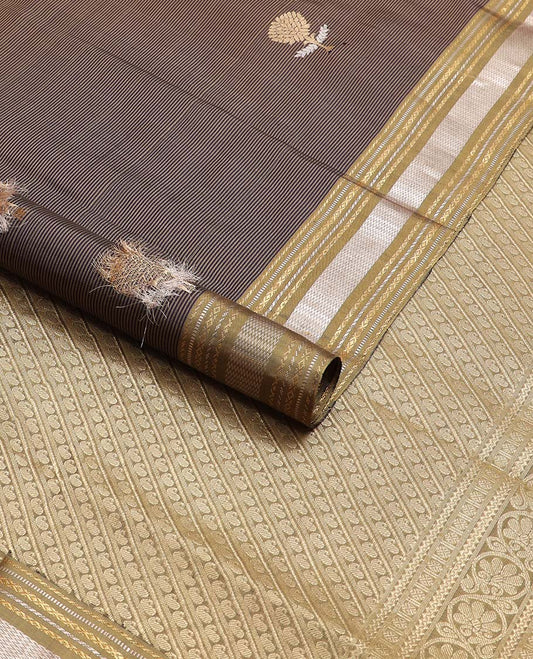Brown striped, floral motifs mayuri soft silk saree with self striped border & floral design pallu