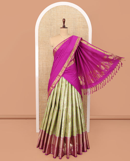 Green Art Silk Material Half Saree Set, Finely Crafted with Floral Jacquard Design Skirt, a Contrast Traditional Zari Design Border, Contrast Zari-Jacquard Blouse, and a Dhavani of Floral Designs