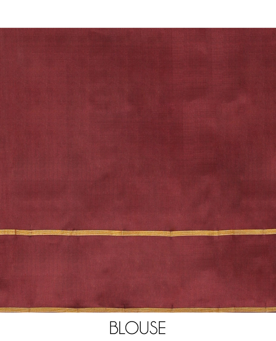 Yellow Kanchipuram Silk Saree, Finely Crafted with Buttas All Over Its Body, Complemented by a Contrast Border of Peacock Feather Designs, Pallu of Intricate Motifs, and Paired with a Contrast Blouse