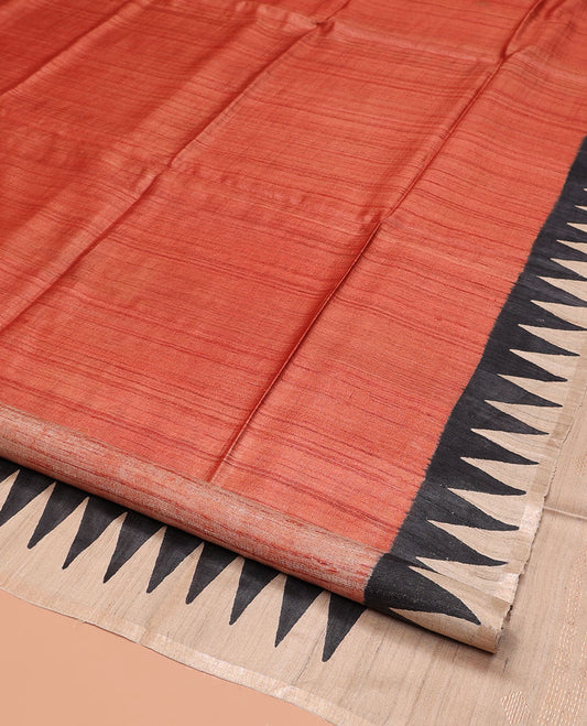 Orange Tussar Silk Saree, Adorned with Checks and Plain, Complemented by a Contrast Temple Border, Temple Pallu, and a Contrast Blouse