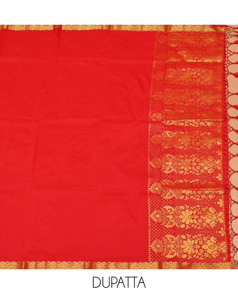 Pale Pink Art Silk Material Half Saree Set, Woven with Floral Jacquard Skirt, a Contrast Jacquard Border, Contrast Blouse, and an Intricate Dhavani