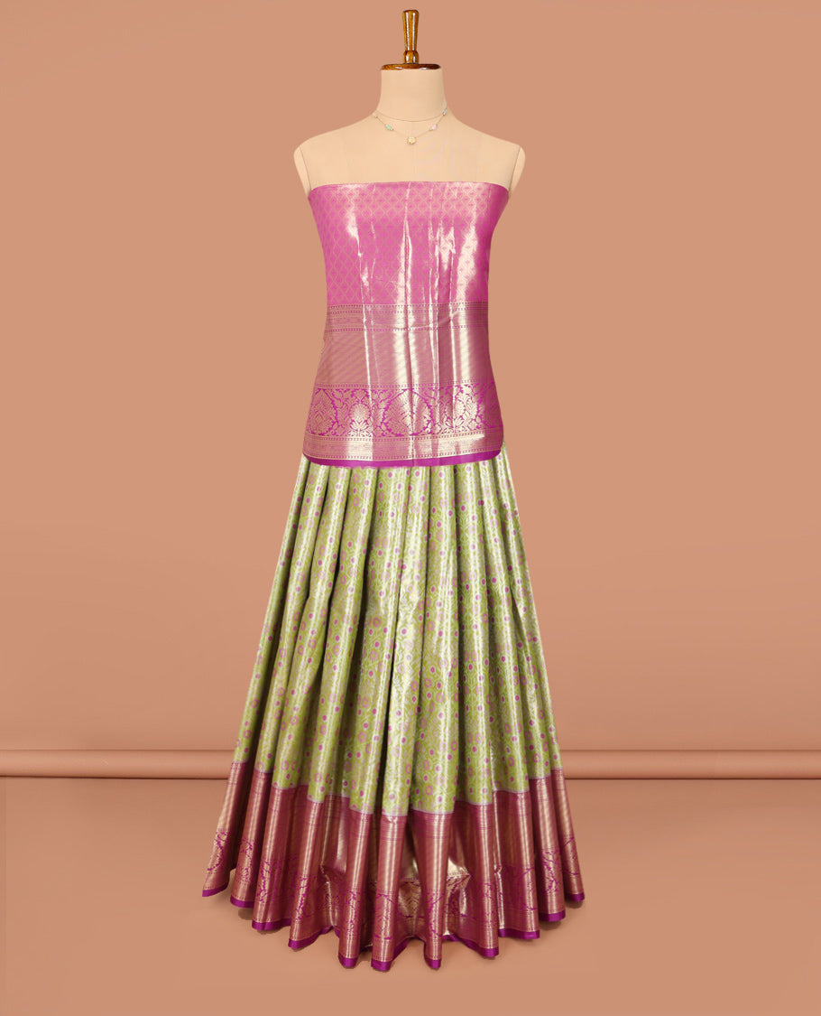 Green Art Silk Material Half Saree Set, Finely Crafted with Floral Jacquard Design Skirt, a Contrast Traditional Zari Design Border, Contrast Zari-Jacquard Blouse, and a Dhavani of Floral Designs