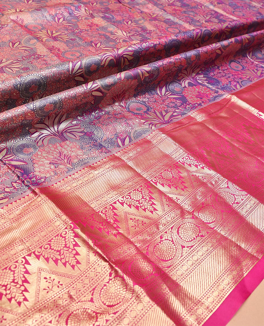 Violet Art Silk Half-Saree, Woven with Tropical Floral Jacquard Design, Contrast Traditional Zari Border, Paired with a Contrast Jacquard Blouse, and an Intricate Dhavani