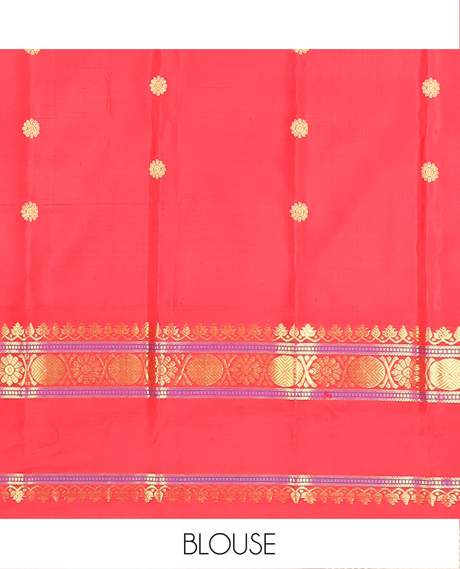 Orange Gadwal Saree Zari Accentuated with Chakra Buttas, Contrast Temple Border of Traditional Zari Designs, Pallu of Zari Designs, and a Contrast Blouse Complemented with Zari Designs