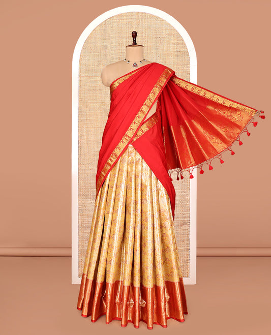 Yellow Art Silk Half-Saree, Gleamed Up with Jacquard Design, Contrast Traditional Zari Border, Paired with a Contrast Jacquard Blouse, and an Intricate Dhavani
