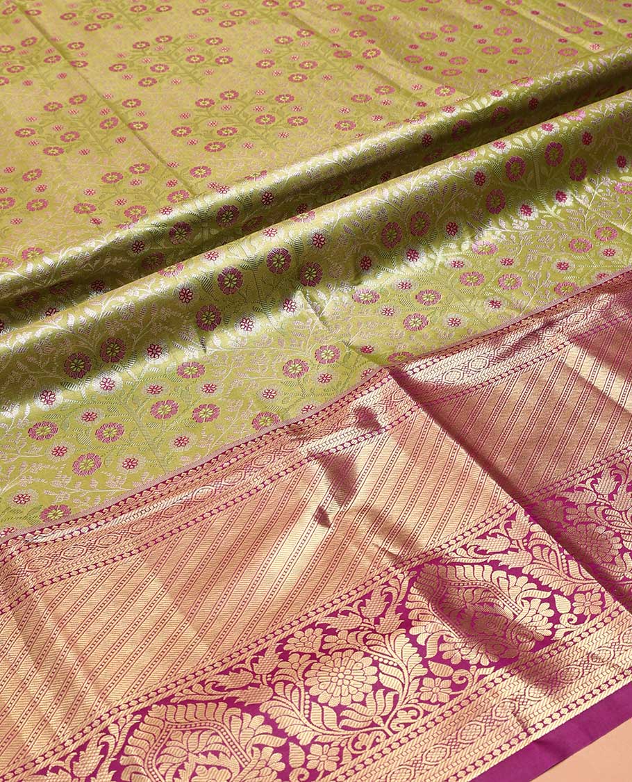 Green Art Silk Material Half Saree Set, Finely Crafted with Floral Jacquard Design Skirt, a Contrast Traditional Zari Design Border, Contrast Zari-Jacquard Blouse, and a Dhavani of Floral Designs
