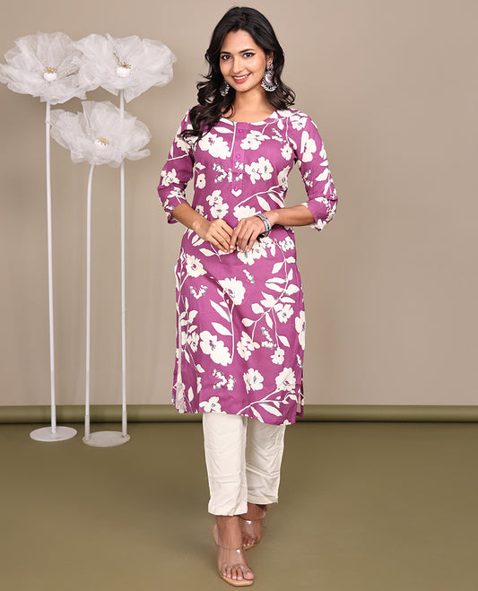 Purple Silhouette-Style Floral-Printed Below-Knee Length Cotton Kurti Features a Round Neckline, 3/4 Sleeves, and Straight Side Cut