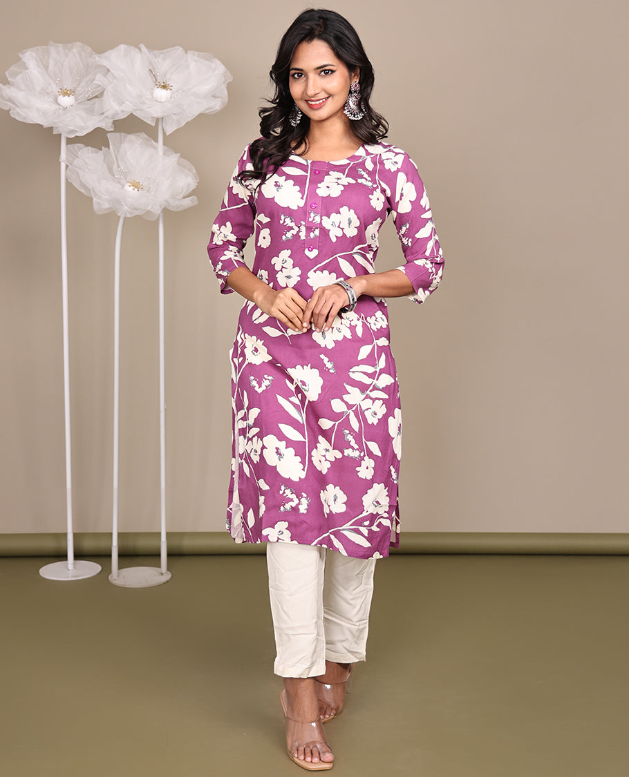 Purple Silhouette-Style Floral-Printed Below-Knee Length Cotton Kurti Features a Round Neckline, 3/4 Sleeves, and Straight Side Cut