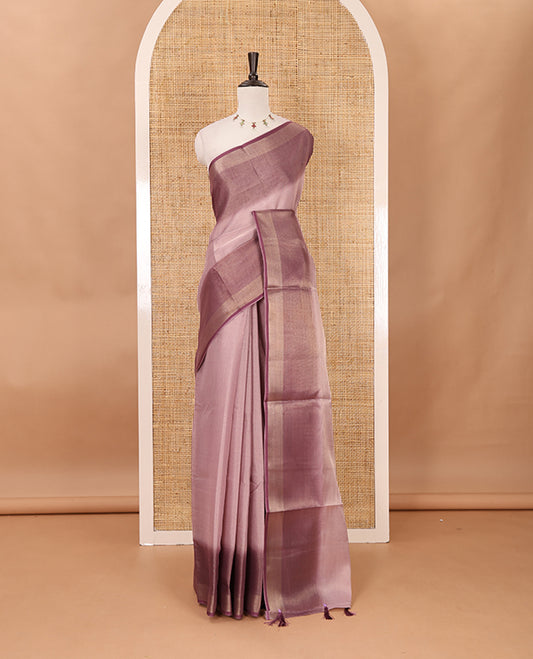 Lavender plain tissue saree, contrast gold zari piping border & self pallu with tussels