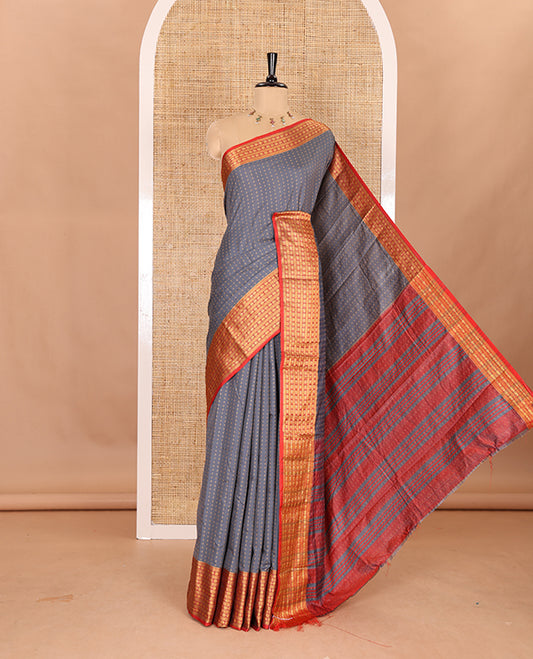 Grey thread butta all over body semi soft silk , contrast traditional border , contrast lining chit pallu