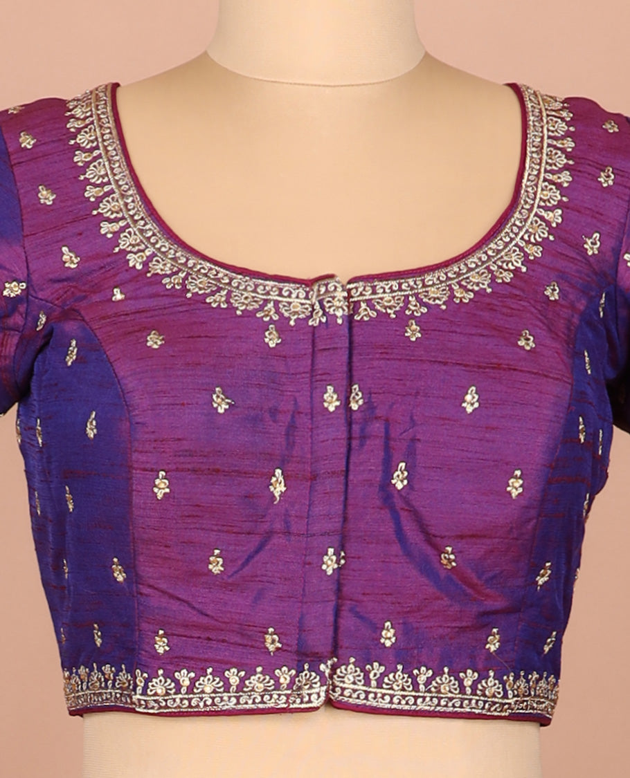 Purple thread embroidered front-and-back round elbow-sleeve readymade blouse