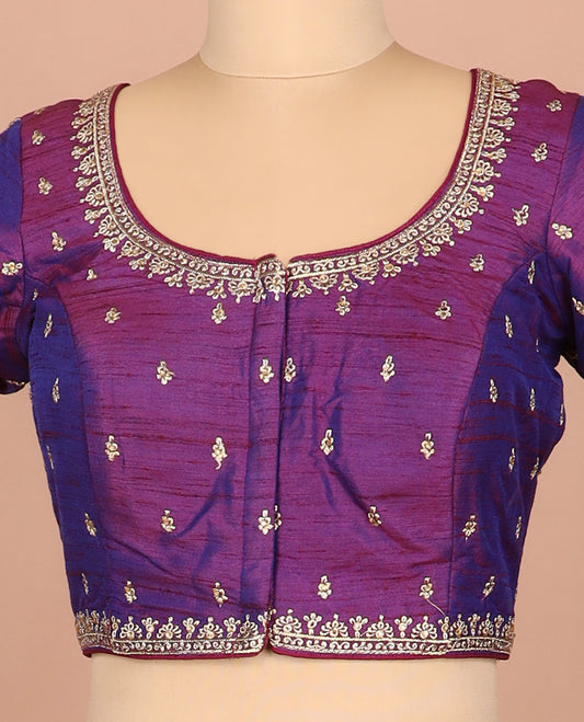 Purple thread embroidered front-and-back round elbow-sleeve readymade blouse