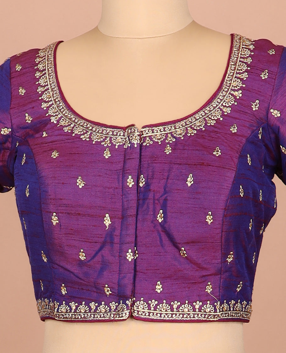 Purple thread embroidered front-and-back round elbow-sleeve readymade blouse