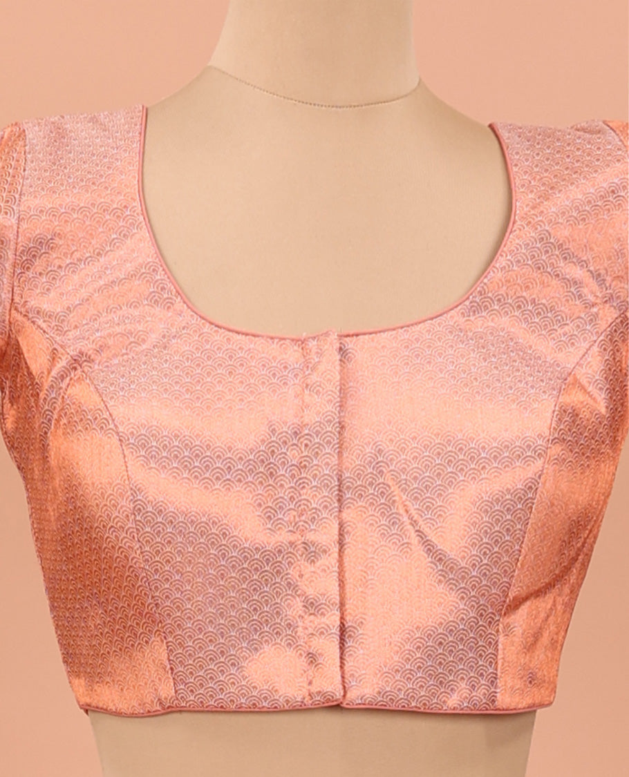 Peach geometric jacquard front-back round neck elbow sleeve readymade blouse