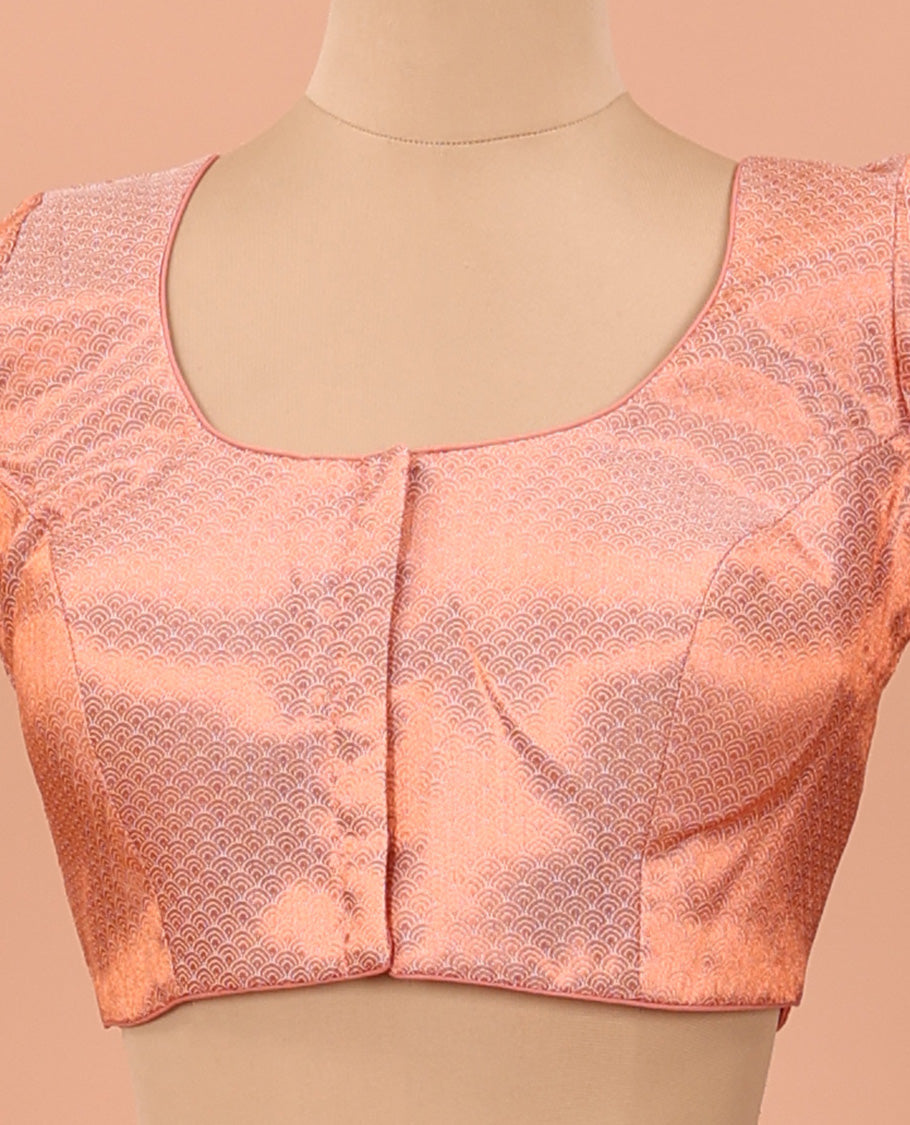 Peach geometric jacquard front-back round neck elbow sleeve readymade blouse