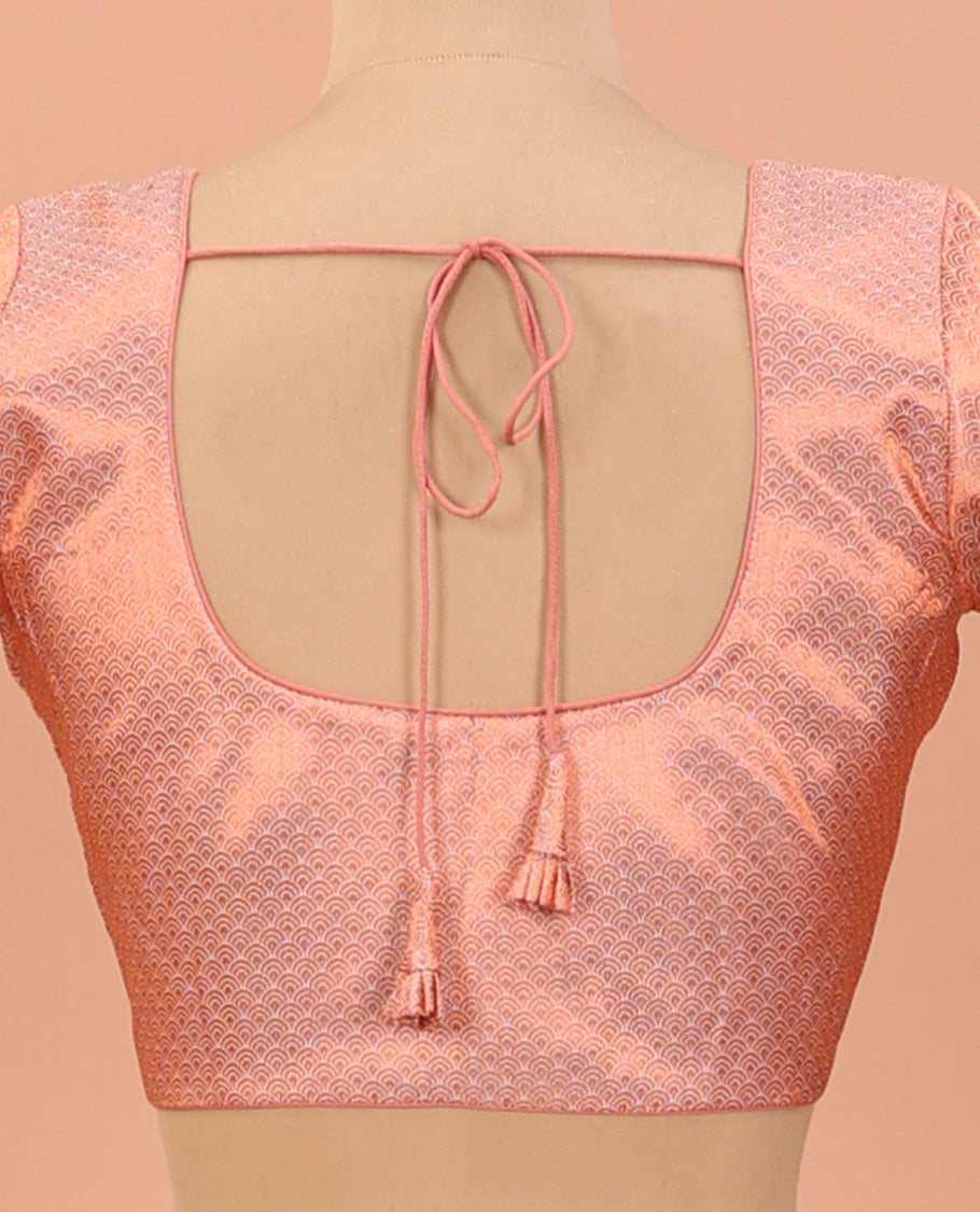Peach geometric jacquard front-back round neck elbow sleeve readymade blouse