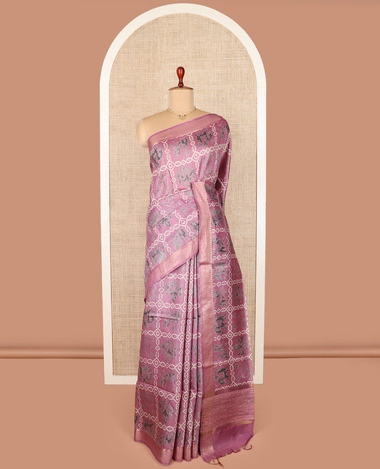 Pink patola animal motif enclosed checked tussar silk saree, temple border, and self-pallu