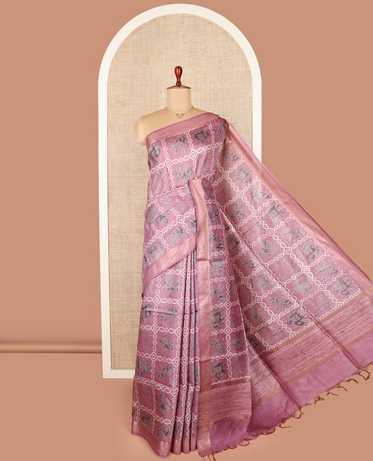 Pink patola animal motif enclosed checked tussar silk saree, temple border, and self-pallu