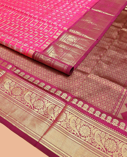 Pink striped Venkatagiri silk saree, contrast traditional zari design border, and intricately designed pallu