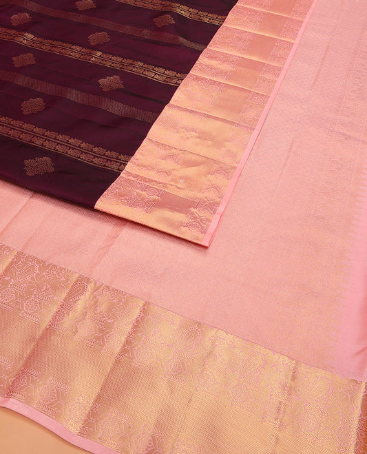 Burgundy Vasundhara Lite Silk Mix Saree Bedecked with Zari Designs, Highlighted with Contrast Border Featuring Mayil, Cross Kamalam, and Kuyil Kann Designs, Jaal Pallu, and a Contrast Blouse