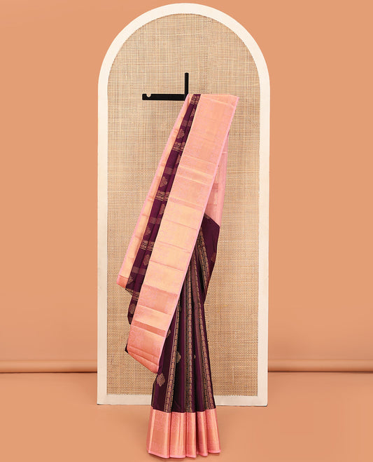 Burgundy Vasundhara Lite Silk Mix Saree Bedecked with Zari Designs, Highlighted with Contrast Border Featuring Mayil, Cross Kamalam, and Kuyil Kann Designs, Jaal Pallu, and a Contrast Blouse