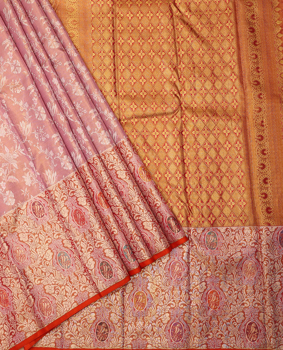Pink floral jaal jacquard silk saree, contrast floral jaal & kili motifs meenakari zari border & kodi visiry & jaal pallu