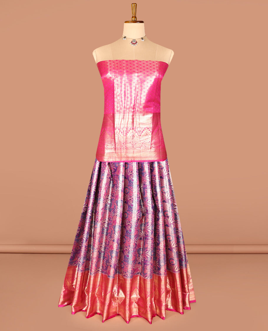 Violet Art Silk Half-Saree, Woven with Tropical Floral Jacquard Design, Contrast Traditional Zari Border, Paired with a Contrast Jacquard Blouse, and an Intricate Dhavani