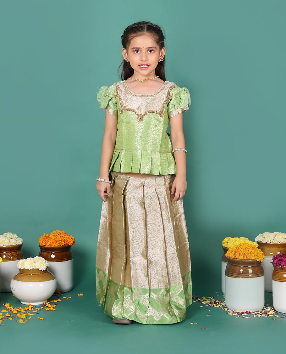 Beige art silk readymade pavadai set, jacquard with contrast geometric zari border skirt, and contrast neck embroidered puff-sleeve blouse