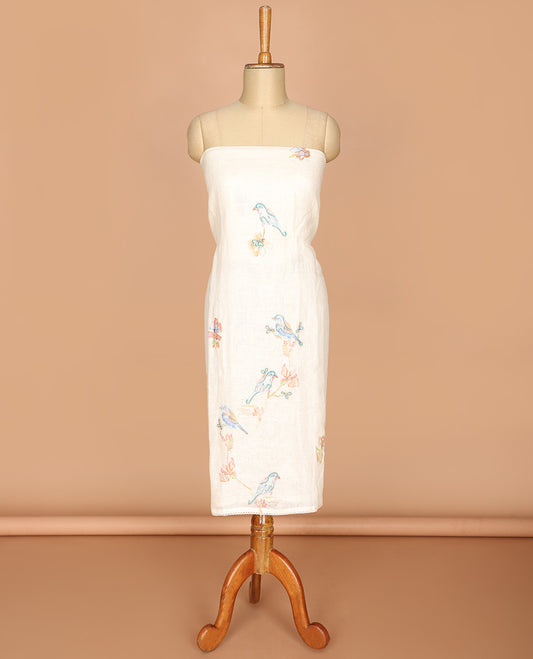 Light grey sparrow print pure linen chudidhar material top with cotton pants & pure chiffon dupatta