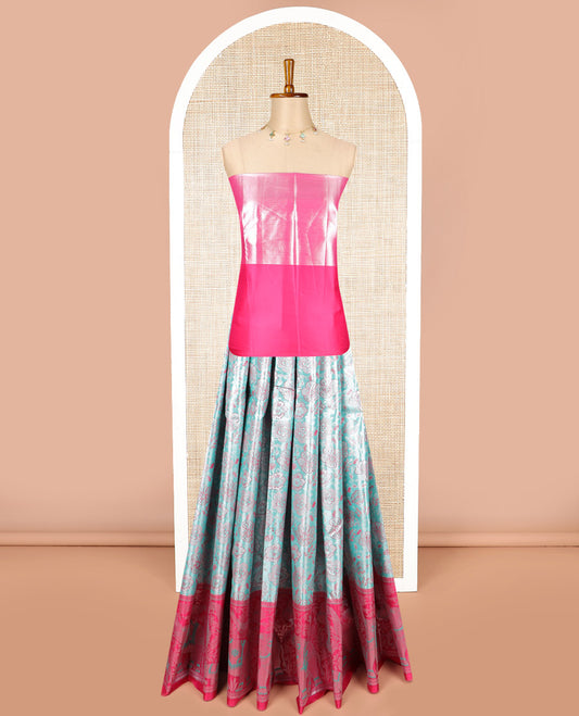 Sky blue floral jacquard design art silk half saree with contrast intricate zari design border, zari design blouse & floral design dhavani