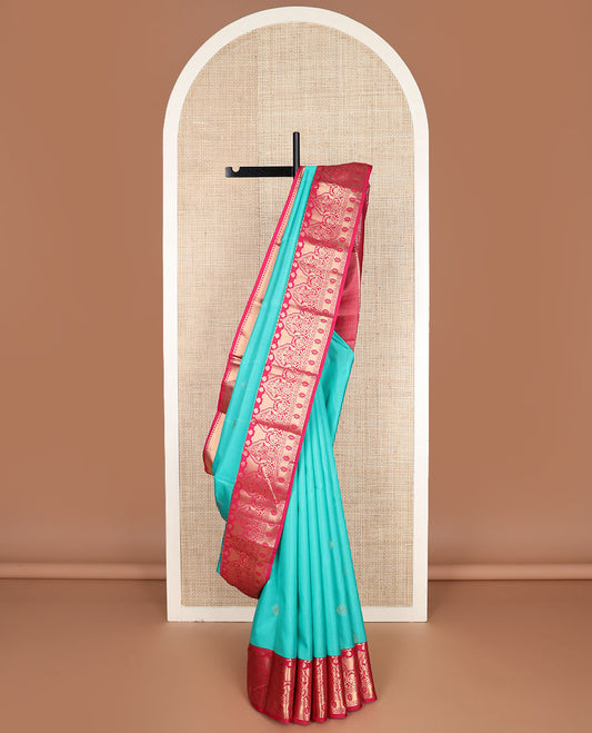 Blue zari buttas vasundhara silk mix saree, contrast geometric pallu & border of rekku,peacock & geometric designs