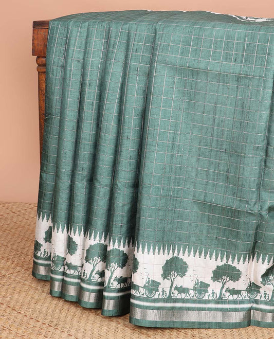 Green checked semi-banaras tussar saree with self - bullock cart border & checked pallu