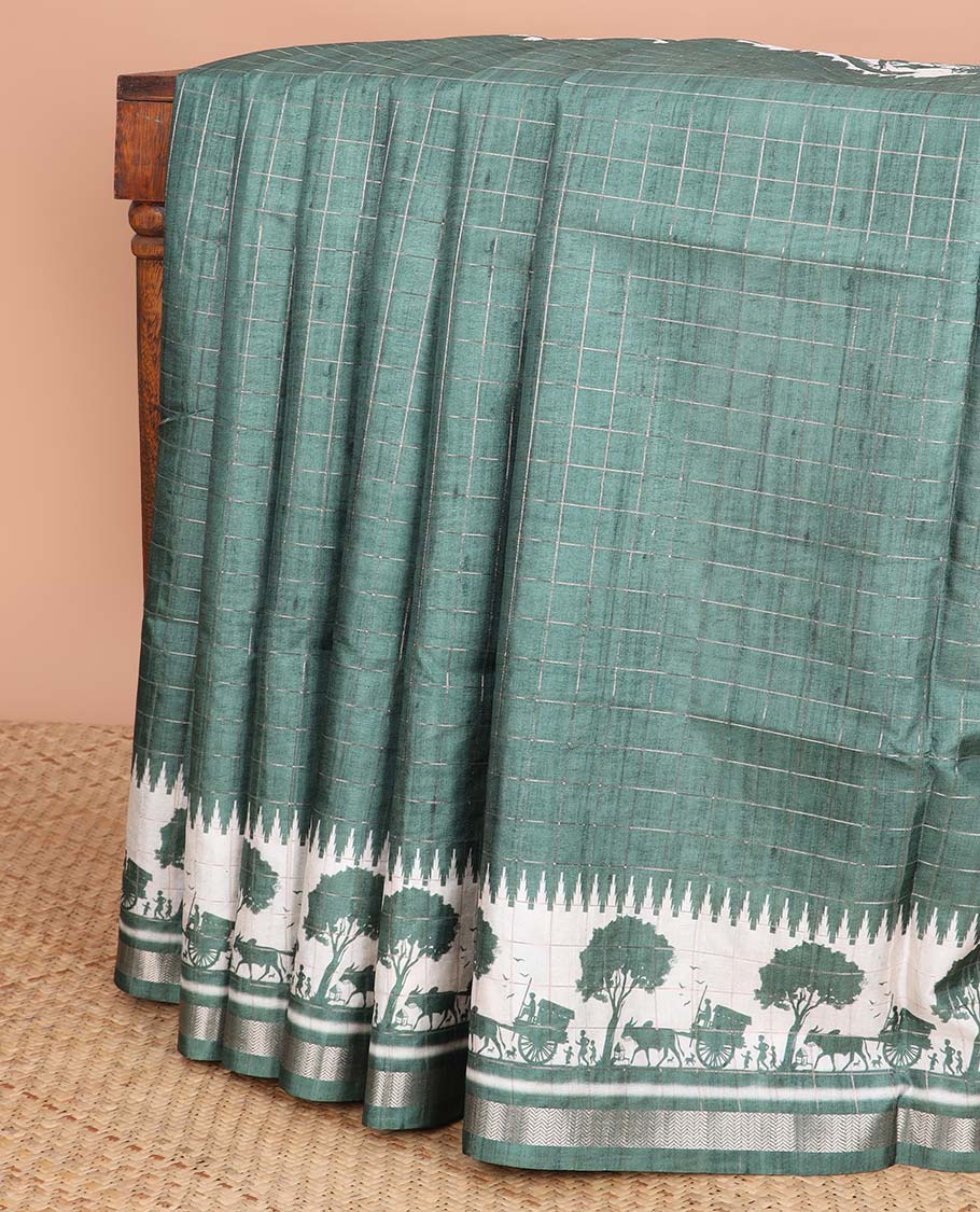 Green checked semi-banaras tussar saree with self - bullock cart border & checked pallu