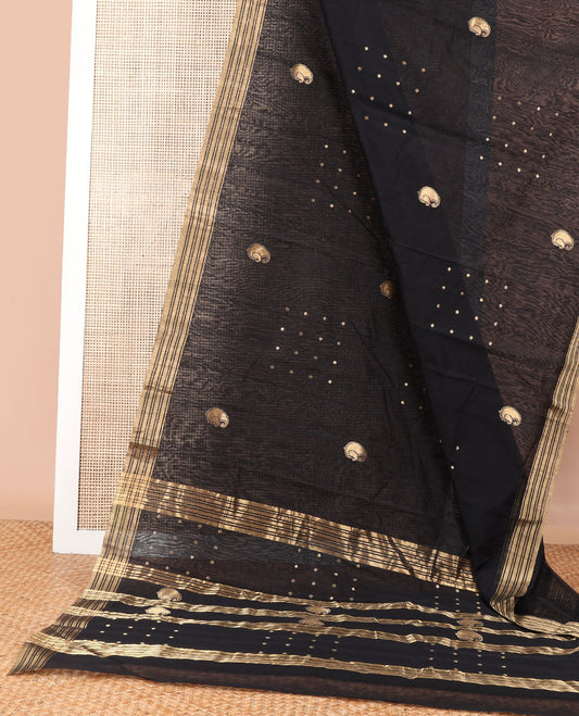 Black motifs chanderi cotton saree with self zari design border & striped, motifs pallu