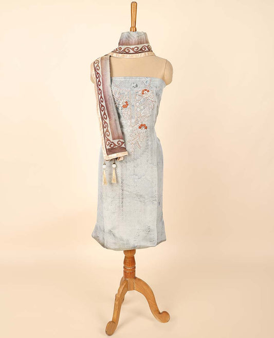 Grey material chudidhar set, print & embroidered top, plain bottom & floral printed dupatta