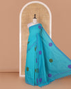 Blue big polka dots printed poly cotton saree, horizontal stripes printed border, polka dots printed pallu, and contrast handblock printed blouse