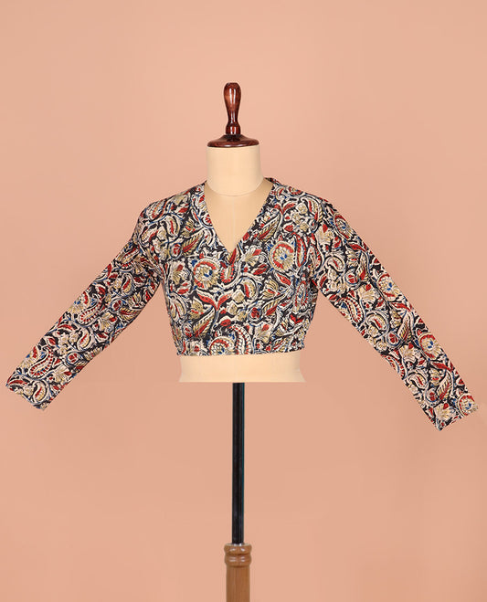 Multi-Color Readymade Blouse Elegantly Printed with Floral-Paisley Vine, Featuring a Front V-Neck, a Back Closed Neck, and Full Sleeves