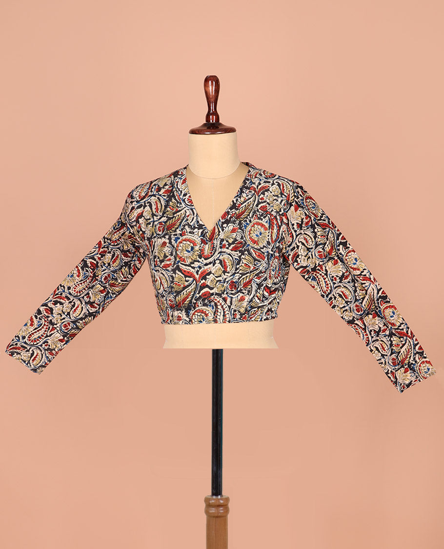 Multi-Color Readymade Blouse Elegantly Printed with Floral-Paisley Vine, Featuring a Front V-Neck, a Back Closed Neck, and Full Sleeves