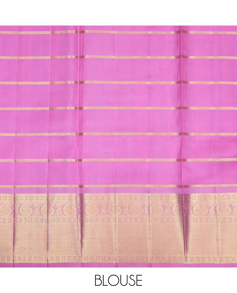 Blue pure silk half saree, chakram enclosed checked skirt, contrast zari design blouse, border of rudraksham, manga and mayil kann designs, and intricate dhavani