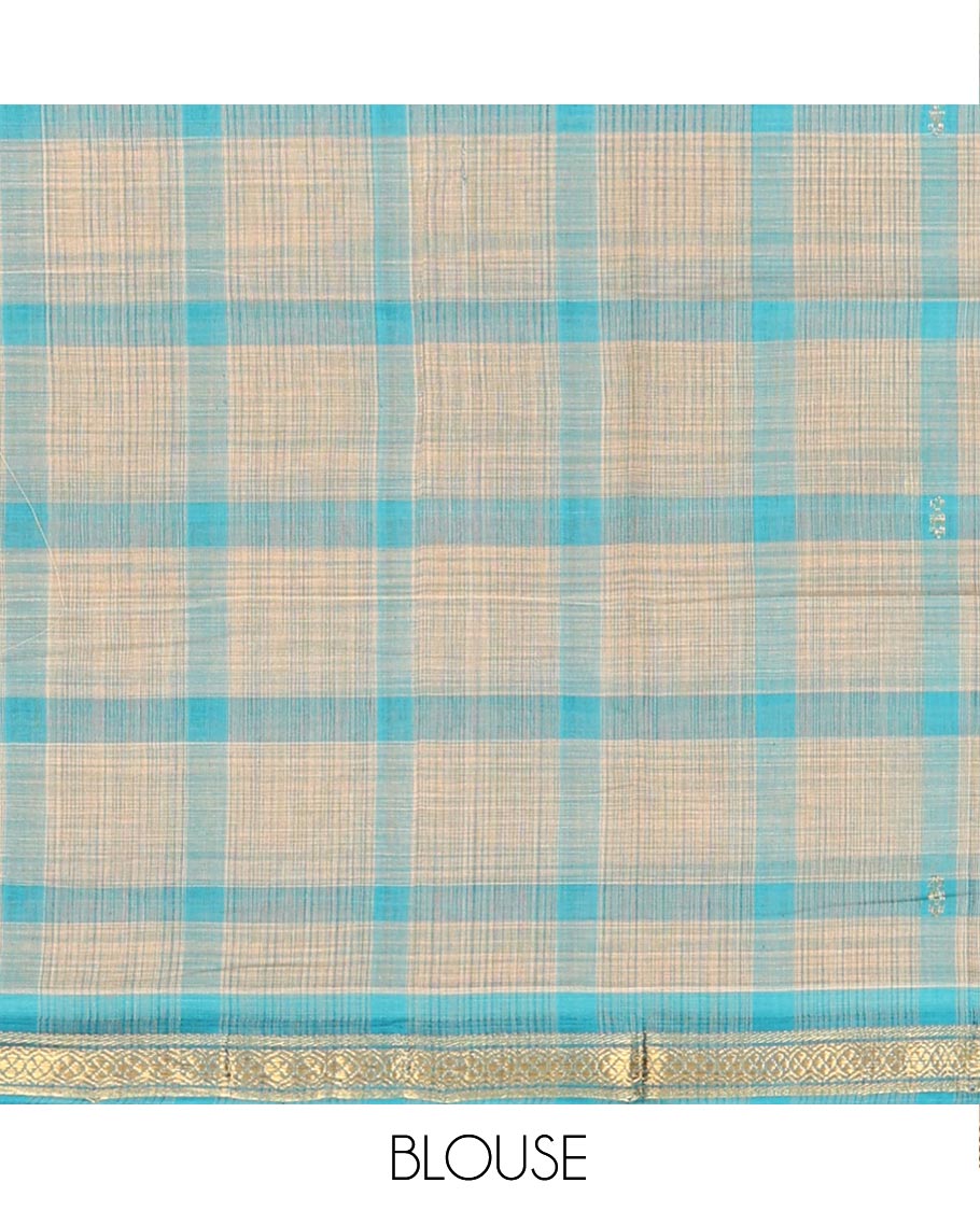 Blue Andhra Cotton Saree, Detailed with Big Checked Design All Over Its Body, Subtly Sparked with a Traditional Border, Pallu of Stripes, and Paired with a Matching Blouse